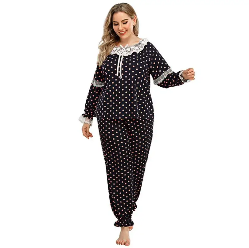 Autumn Women's Home Clothing Bowknot Lace Round Neck Polka Dot Long Sleeve Top Elastic Trousers Ladies Two-Piece Suit Shirt Pant
Autumn Women's Home Clothing Bowknot Lace Round Neck Polka Dot Long Sleeve Top Elastic Trousers Ladies Two-Piece Suit Shirt Pant