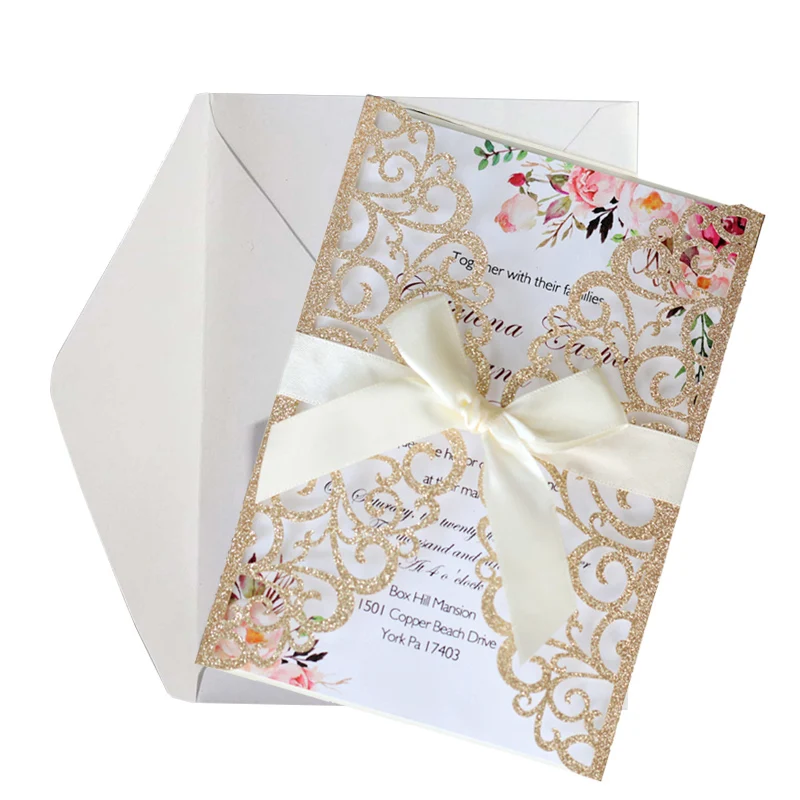 50pcs Gold Blue Silver Glitter Paper Laser Cut Wedding Invitation Card With Ribbon DIY Personalized Wedding Decor Party Supplies 
50pcs Gold Blue Silver Glitter Paper Laser Cut Wedding Invitation Card With Ribbon DIY Personalized Wedding Decor Party Supplies
