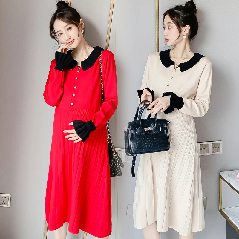 Осень зима 552 # корейское модное трикотажное платье для беременных элегантная
