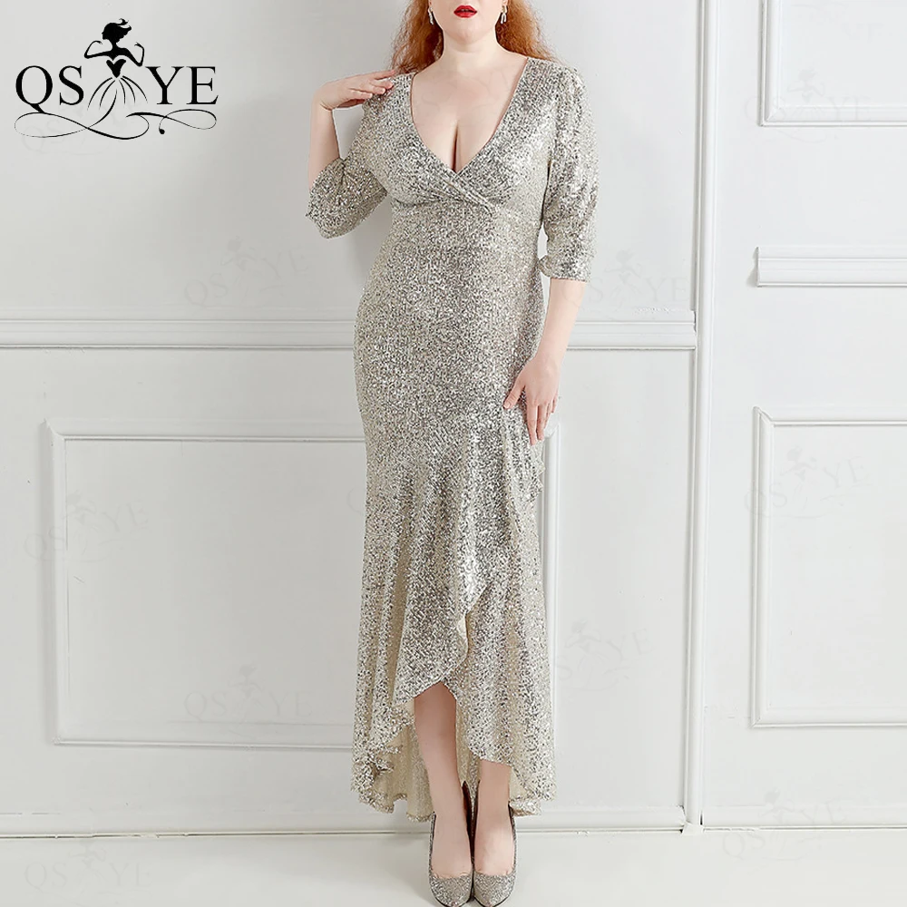 Sparkle Silver Short Evening Dresses High-Low Sequin Prom Gown Mermaid Glitter V Neck Party Dress 1/2 Long Sleeves Formal Gown
Sparkle Silver Short Evening Dresses High-Low Sequin Prom Gown Mermaid Glitter V Neck Party Dress 1/2 Long Sleeves Formal Gown