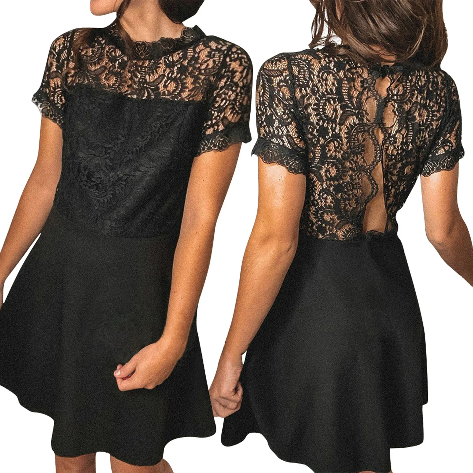Women Lace Backless Dresses Sexy Ladies Black Short Sleeve O-neck Short Dress Summer See-through One-piece Sundress S/M/L/XL
Women Lace Backless Dresses Sexy Ladies Black Short Sleeve O-neck Short Dress Summer See-through One-piece Sundress S/M/L/XL