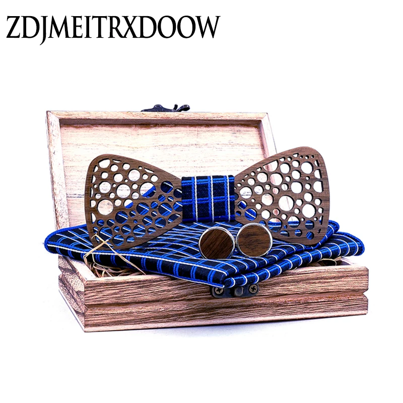 Wooden Bow Tie Hanky Cufflinks Set Men's Navy blue Plaid Bowtie Wood Hollow carved cut out with Box Fashion Novelty tie T241
Wooden Bow Tie Hanky Cufflinks Set Men's Navy blue Plaid Bowtie Wood Hollow carved cut out with Box Fashion Novelty tie T241