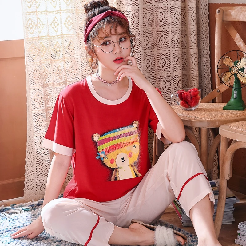 Summer Cotton Pajamas Ladies Suit Short-Sleeved Trousers Cute Thin Section Spring And Autumn Home Service 2PCS Suit Nighties
Summer Cotton Pajamas Ladies Suit Short-Sleeved Trousers Cute Thin Section Spring And Autumn Home Service 2PCS Suit Nighties