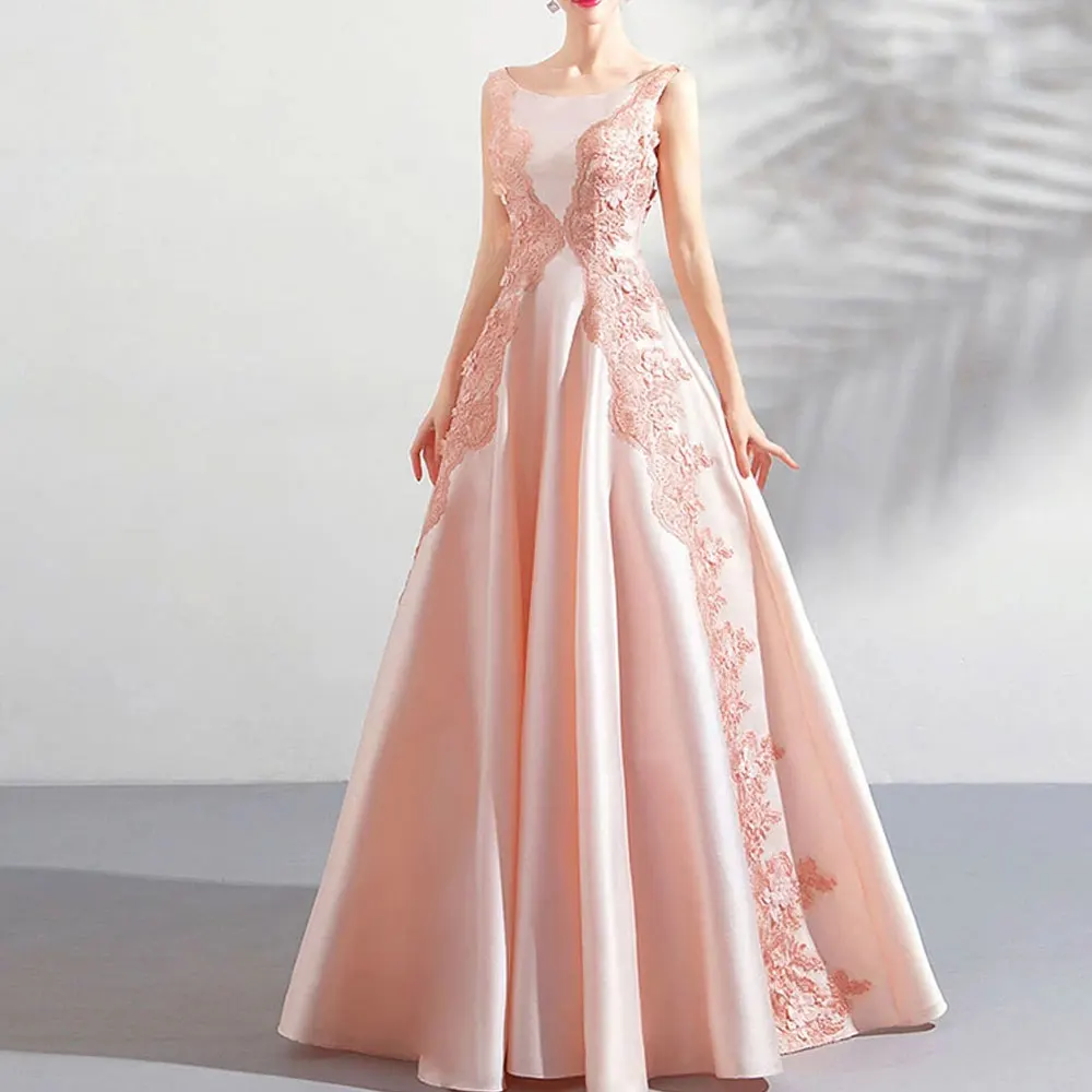 

Pink A-line Applique Floor length Jewel Evening Dresses Sweep/Brush Flower Banbage Draped Fashion high quality 2021