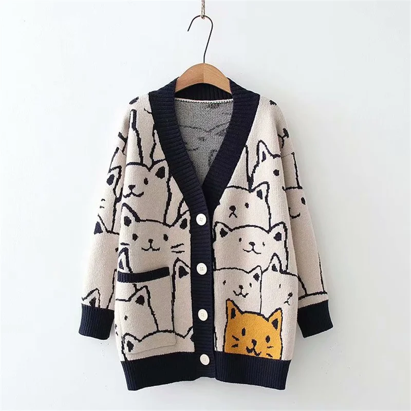 Harajuku Cartoon Kawaii V-neck Cardigan Female Cat Cute Retro Knitted Sweater Retro Fashion Female Long-sleeved Knitted Jacket
Harajuku Cartoon Kawaii V-neck Cardigan Female Cat Cute Retro Knitted Sweater Retro Fashion Female Long-sleeved Knitted Jacket