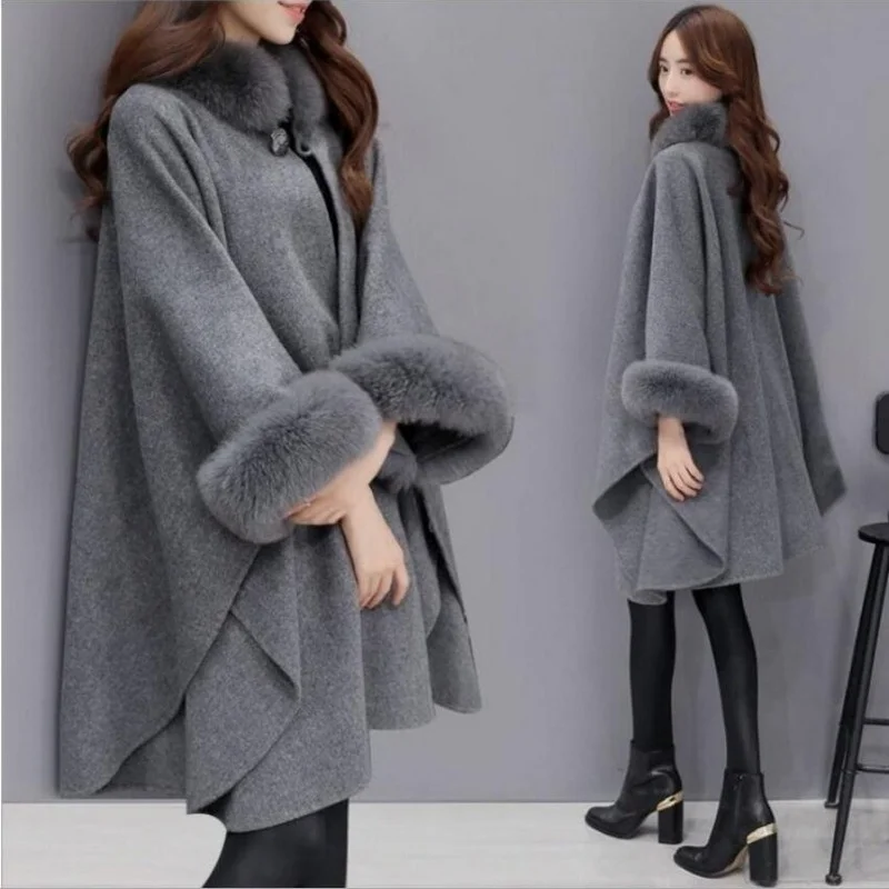 Winter Coats Women Batwing Fluffy Sleeve Cape Jacket Lady Woolen Overcoat Cape Fox Fur Collar Warm Ponchos Feminino Tops
Winter Coats Women Batwing Fluffy Sleeve Cape Jacket Lady Woolen Overcoat Cape Fox Fur Collar Warm Ponchos Feminino Tops