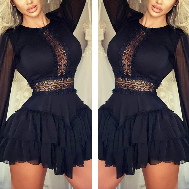 Summer Fashion Women Stitching Lace Solid Color Long Sleeve Mini Dress Sexy Round Neck Layered Black Party Pleated Dress 
Summer Fashion Women Stitching Lace Solid Color Long Sleeve Mini Dress Sexy Round Neck Layered Black Party Pleated Dress