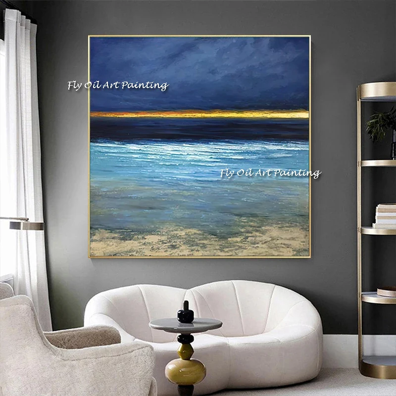 

100% Hand Painted gold foil blue ocean seaside Oil Painting Large Size Hand Made Classic Art Wall Paintings Artwork No Frame