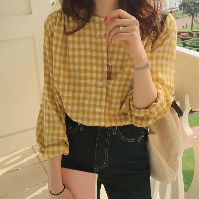 2020 Summer Korean Style Women Sweet Blouse Temperament Round Neck Yellow Plaid Blouse Loose Wild Casual Long-sleeved Shirts
2020 Summer Korean Style Women Sweet Blouse Temperament Round Neck Yellow Plaid Blouse Loose Wild Casual Long-sleeved Shirts