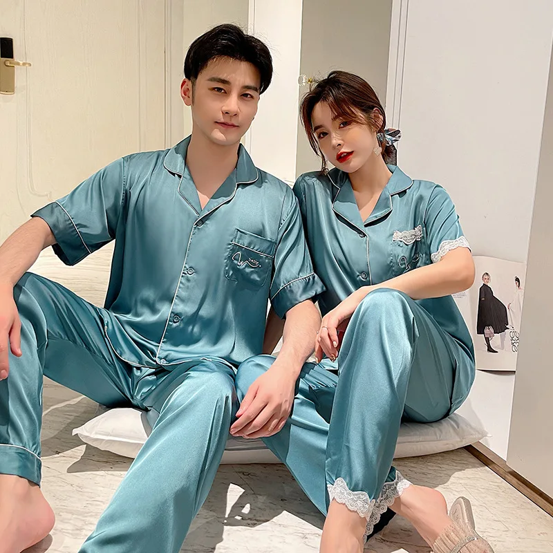 Silk Pajama Sets For Women Summer Couple Pajamas Sleepwear Set Thin Outerwear Short-sleeve Long Pants Mens Home Clothes 2 Pc Set
Silk Pajama Sets For Women Summer Couple Pajamas Sleepwear Set Thin Outerwear Short-sleeve Long Pants Mens Home Clothes 2 Pc Set