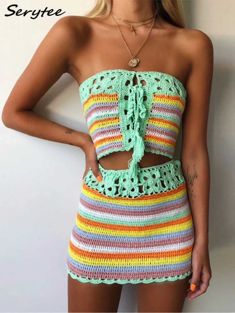 Serytee Colorful Striped Strapless Lace Up Crochet Tube Top&Bodycon Skirt Summer Beach Women 2 Piece Set Dress Bikini Beachwear
Serytee Colorful Striped Strapless Lace Up Crochet Tube Top&Bodycon Skirt Summer Beach Women 2 Piece Set Dress Bikini Beachwear