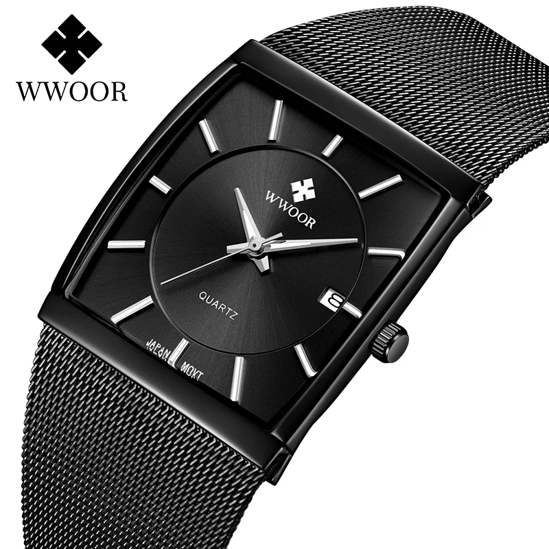 WWOOR роскошные черные часы Мужские квадратные ультра тонкие стальные сетчатые