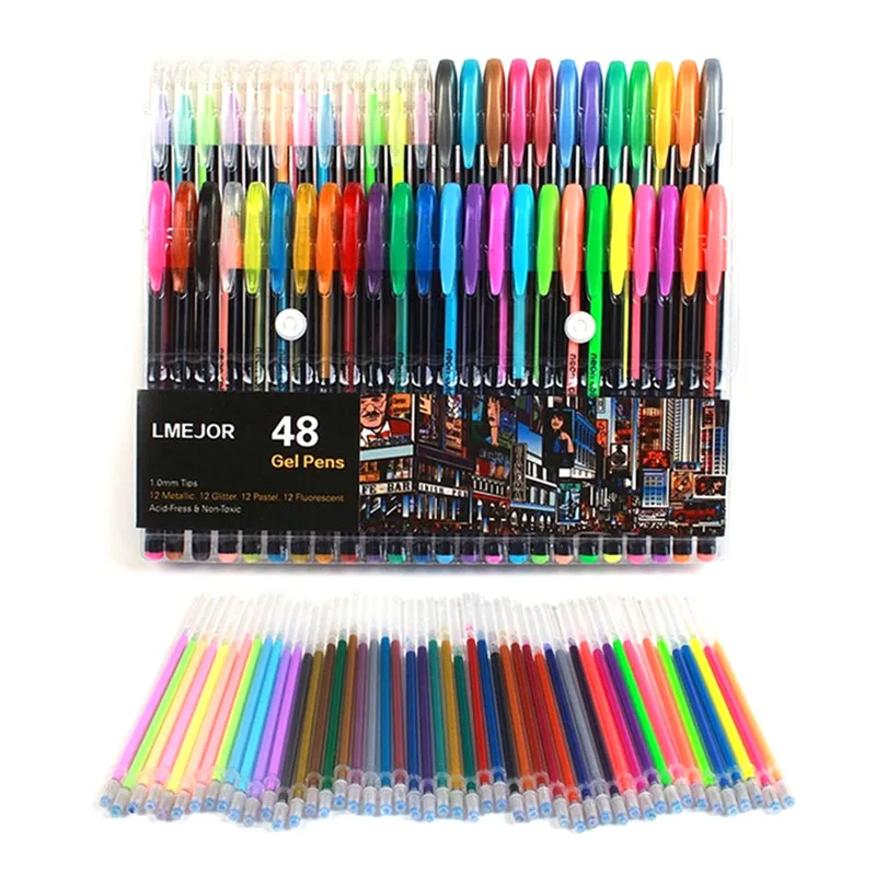 

48 Color Watercolor Black/Colored Ink Retractable Gel Pens Set Rollerball Gel Pens Fine Point Stationery Sketch Drawing Set