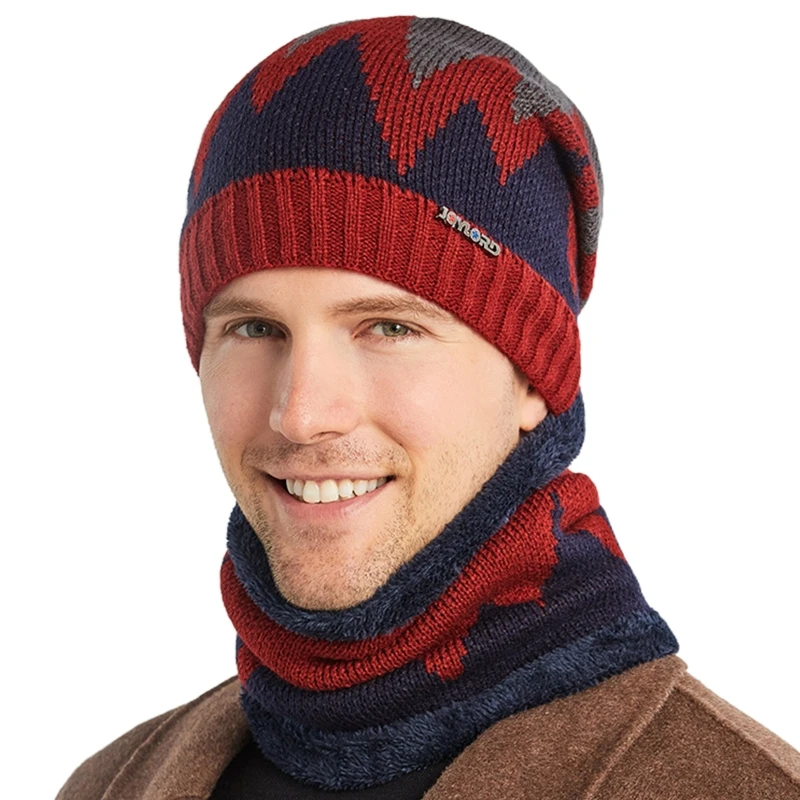 

2Pcs Men Winter Flame Pattern Knitted Beanie Hat Circle Scarf Set Cycling Windproof Plush Lined Skull Cap Neck Warmer