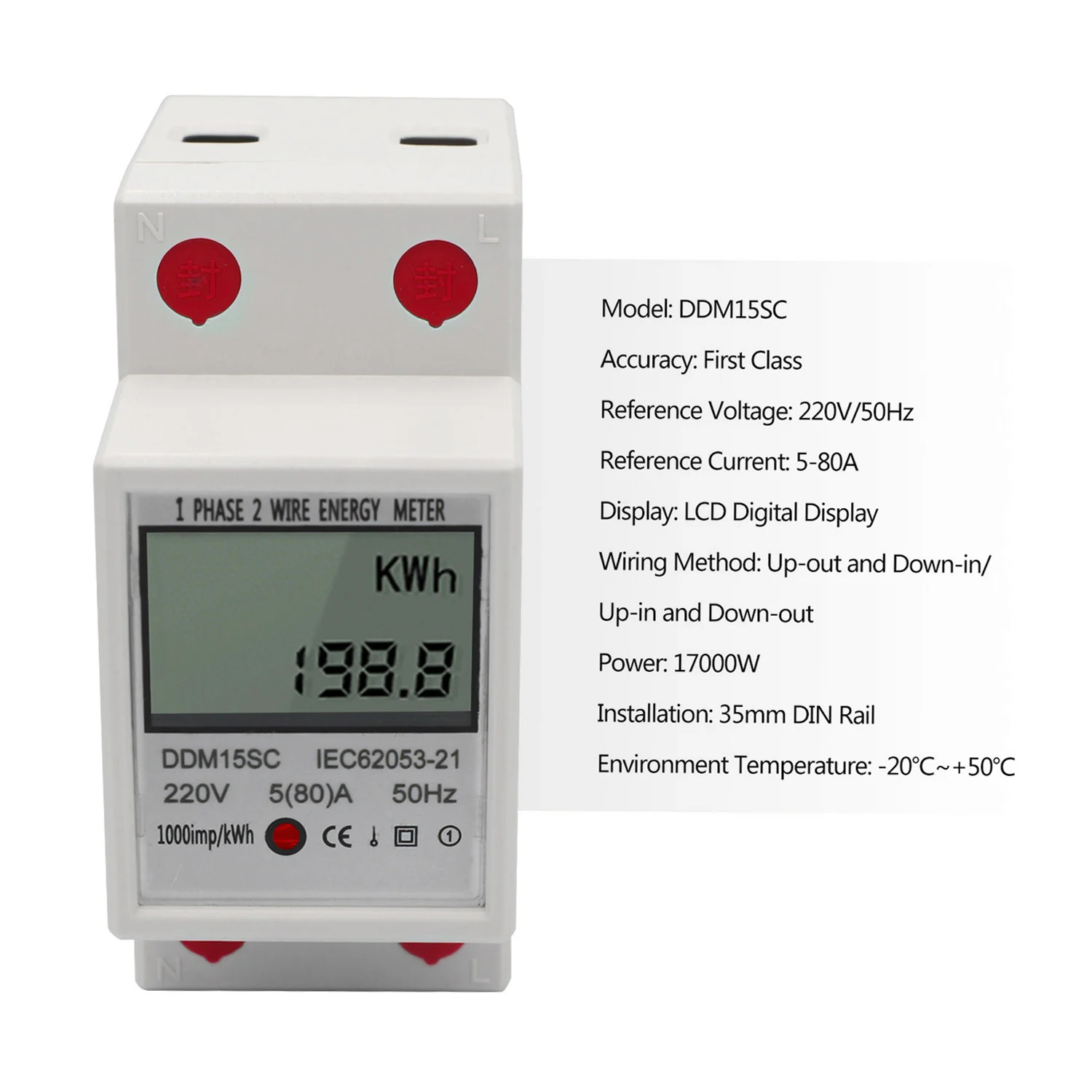 LCD Digital Display Single Phase DIN-Rail Energy Meter 5-80A 220V 50Hz Electronic KWh Meter Power Consumption Monitor DDM15SC
LCD Digital Display Single Phase DIN-Rail Energy Meter 5-80A 220V 50Hz Electronic KWh Meter Power Consumption Monitor DDM15SC