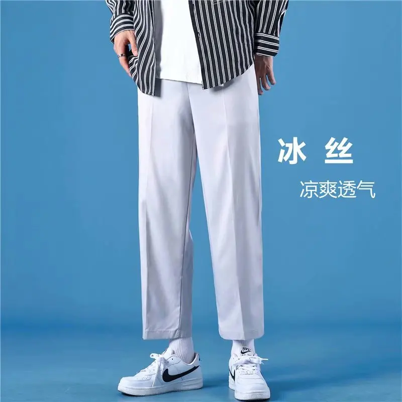 

Летние модные новые прямые мужские брюки из ледяного шелка, свободные брендовые драпированные корейские повседневные Тонкие штаны, девять ...