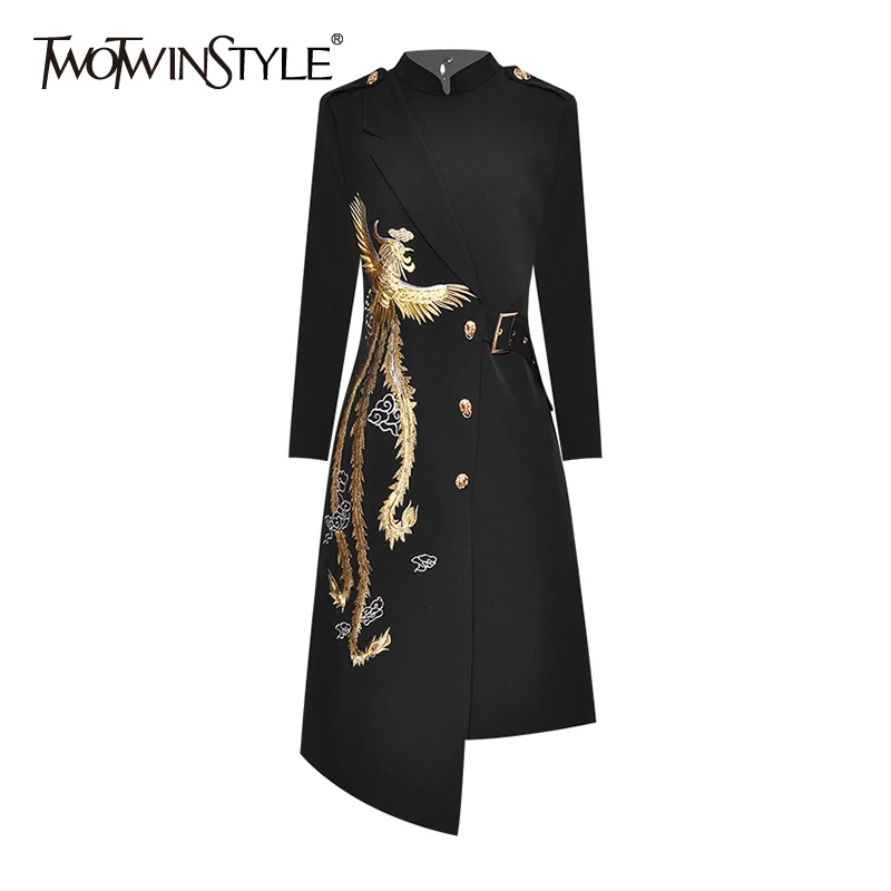 TWOTWINSTYLE Embroidery Print Dress For Women Stand Collar Long Sleeve High Waist Irregular Hem Vintage Dresses Female Fashion
TWOTWINSTYLE Embroidery Print Dress For Women Stand Collar Long Sleeve High Waist Irregular Hem Vintage Dresses Female Fashion