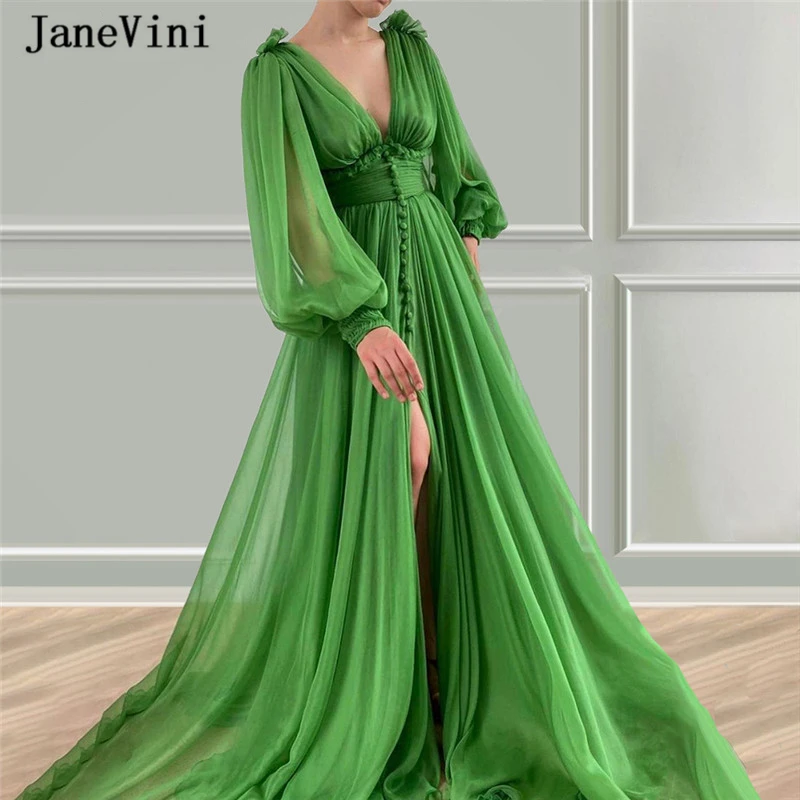 JaneVini Sexy Green Chiffon Evening Dresses with Long Sleeve Ruched Dress 2020 Deep V Neck High Split A Line Arabic Formal Gowns
JaneVini Sexy Green Chiffon Evening Dresses with Long Sleeve Ruched Dress 2020 Deep V Neck High Split A Line Arabic Formal Gowns