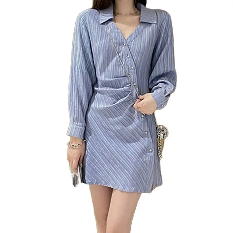 Autumn Dress For Women 2021 Blue V-neck Striped Shirt Dresses Female Elegant Vintage Slim Mini Party Evening Vestidos
Autumn Dress For Women 2021 Blue V-neck Striped Shirt Dresses Female Elegant Vintage Slim Mini Party Evening Vestidos