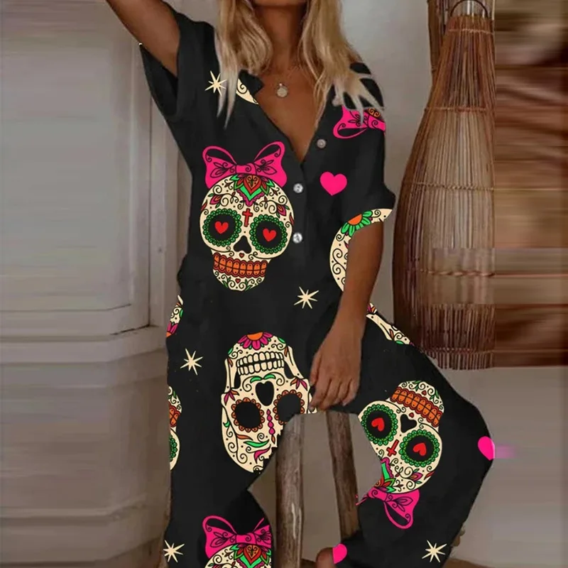 Women Casual Fashion Long Jumpsuit V Neck Short Sleeve Buttons Print Skull Fashion Wide Leg Pants Loose Streetwear Summer 2021
Women Casual Fashion Long Jumpsuit V Neck Short Sleeve Buttons Print Skull Fashion Wide Leg Pants Loose Streetwear Summer 2021