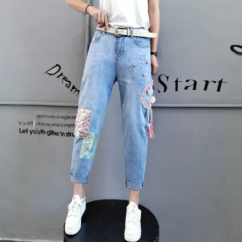Heavy Industry Beaded Patch Lace Elastic Denim Old Dad Pants Women's Thin Style Slim High Waist Small Foot Nine Point Pants Age
Heavy Industry Beaded Patch Lace Elastic Denim Old Dad Pants Women's Thin Style Slim High Waist Small Foot Nine Point Pants Age