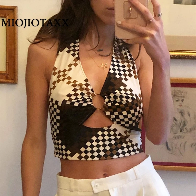 MIOJIOTAXX 2021 Summer's Best-selling Plaid Printed Metal Ring Hollow Neckline Sleeveless Backless Plaid Vest for Women 
MIOJIOTAXX 2021 Summer's Best-selling Plaid Printed Metal Ring Hollow Neckline Sleeveless Backless Plaid Vest for Women