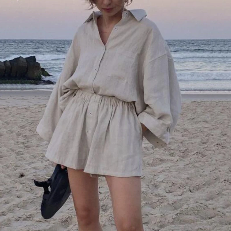 Summer Two Piece Set Women 2021 Linen Casual Shorts Sets Vintage Boho Oversized Shirt High Waist Loose Shorts Mujer Sets Beige
Summer Two Piece Set Women 2021 Linen Casual Shorts Sets Vintage Boho Oversized Shirt High Waist Loose Shorts Mujer Sets Beige