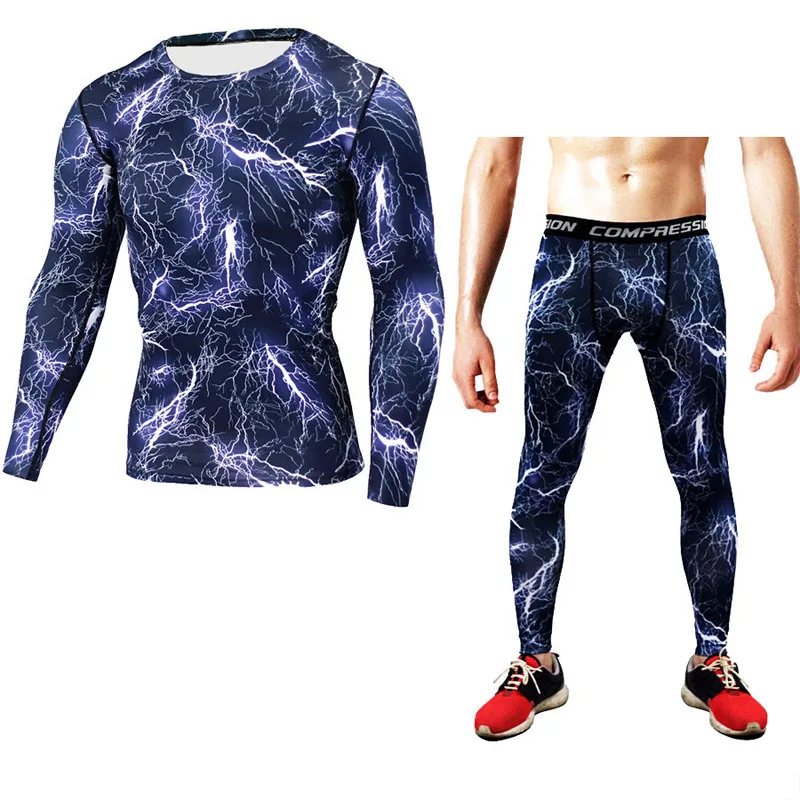 

New Men's Winter Fitness Clothing Running Set Compression Tights T-shirt Gym Leggings Training Kit Rash Gard MMA Bodybuilding