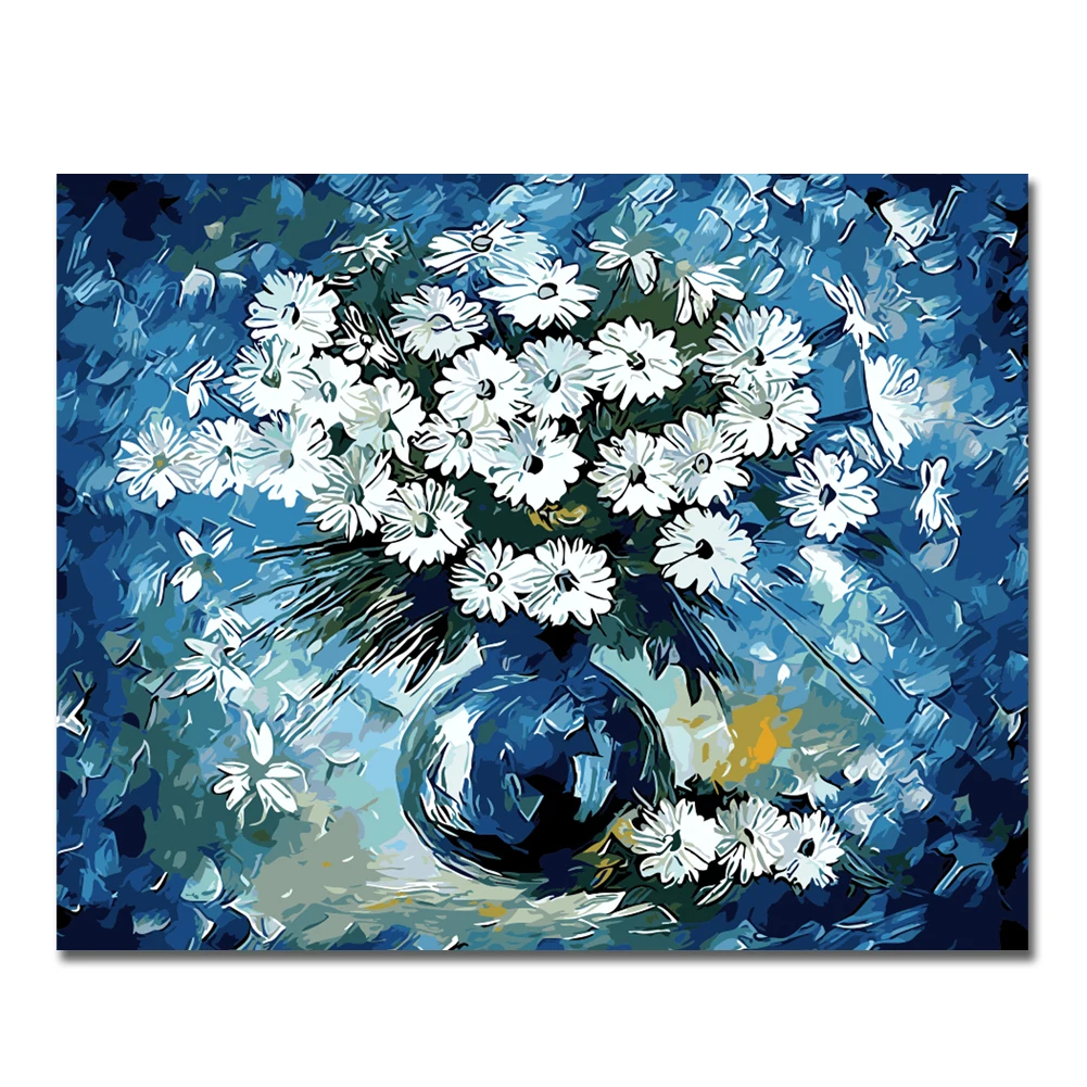 Adult Paint By Number Kits On Canvas White Daisy Flower In Blue Vase Oil Painting Art Flower for Home Decoration
Adult Paint By Number Kits On Canvas White Daisy Flower In Blue Vase Oil Painting Art Flower for Home Decoration