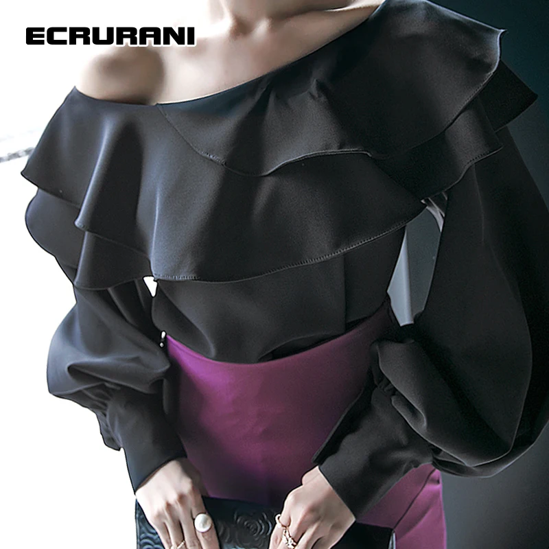 ECRURANI Patchwork Black Sexy Women's Shirts Boat Neck Lantern Long Sleeve Slimming Ruffle Trim Casual Blouses For Females 2021
ECRURANI Patchwork Black Sexy Women's Shirts Boat Neck Lantern Long Sleeve Slimming Ruffle Trim Casual Blouses For Females 2021
