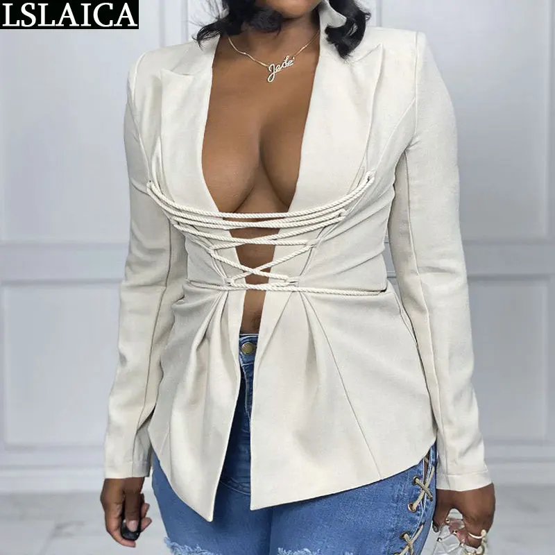 Women's Jacket New Arrival Fashion Long Sleeve Criss-cross Lace-up Solid Color Blazer Sexy Elegant Office Lady Chic Autumn Tops 
Women's Jacket New Arrival Fashion Long Sleeve Criss-cross Lace-up Solid Color Blazer Sexy Elegant Office Lady Chic Autumn Tops