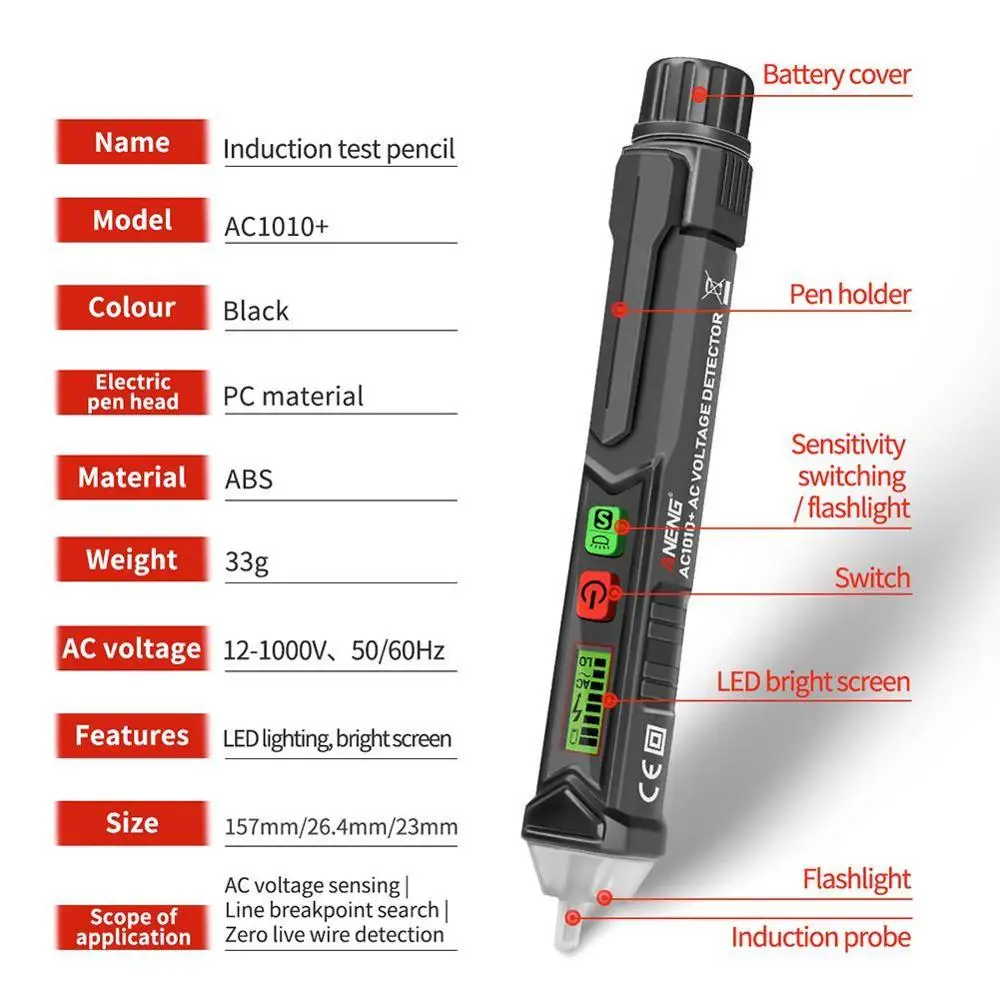 ANENG AC1010 Intelligent Non-contact Pen Alarm AC Voltage Contactless Induction Adjustable Sensitivity Pen LCD Display B8Q2
ANENG AC1010 Intelligent Non-contact Pen Alarm AC Voltage Contactless Induction Adjustable Sensitivity Pen LCD Display B8Q2