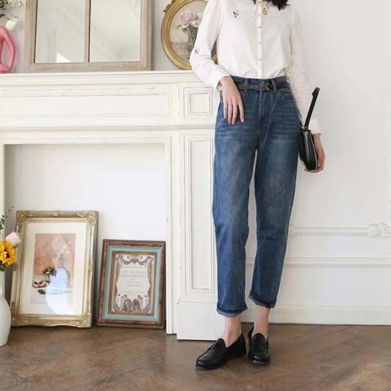 Pantalones vaqueros de corte asimétrico para mujer,B47 Jeans rectos de nueve puntos, Vintage 
Pantalones vaqueros de corte asimétrico para mujer,B47 Jeans rectos de nueve puntos, Vintage
