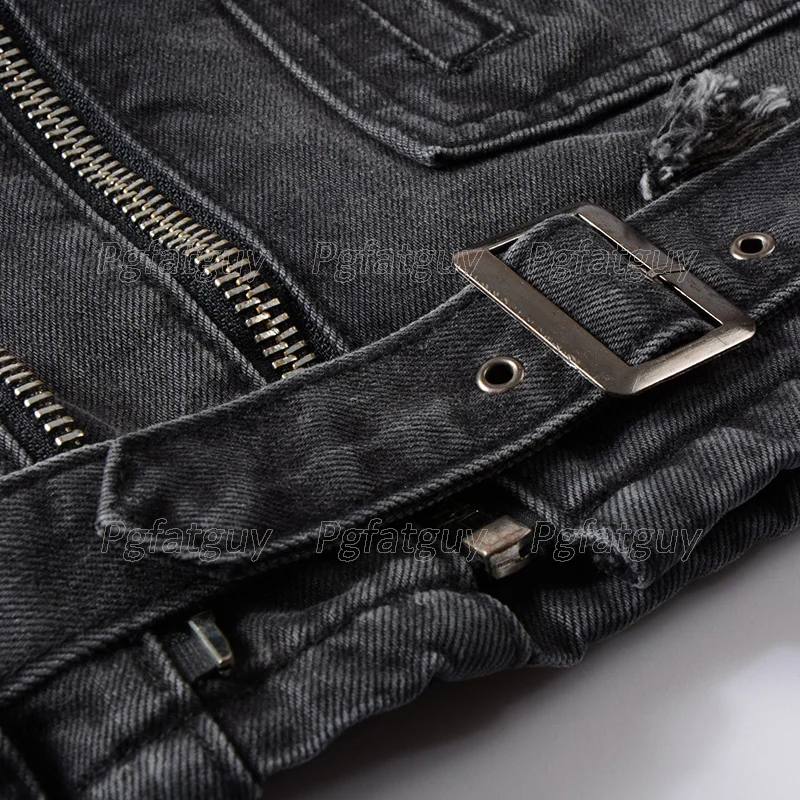 

Men's Zippers Black Denim Jean Biker Jacket For Motorcycle Vintage Epaulet Holes Ripped Distressed Coat Personality Men Jacket