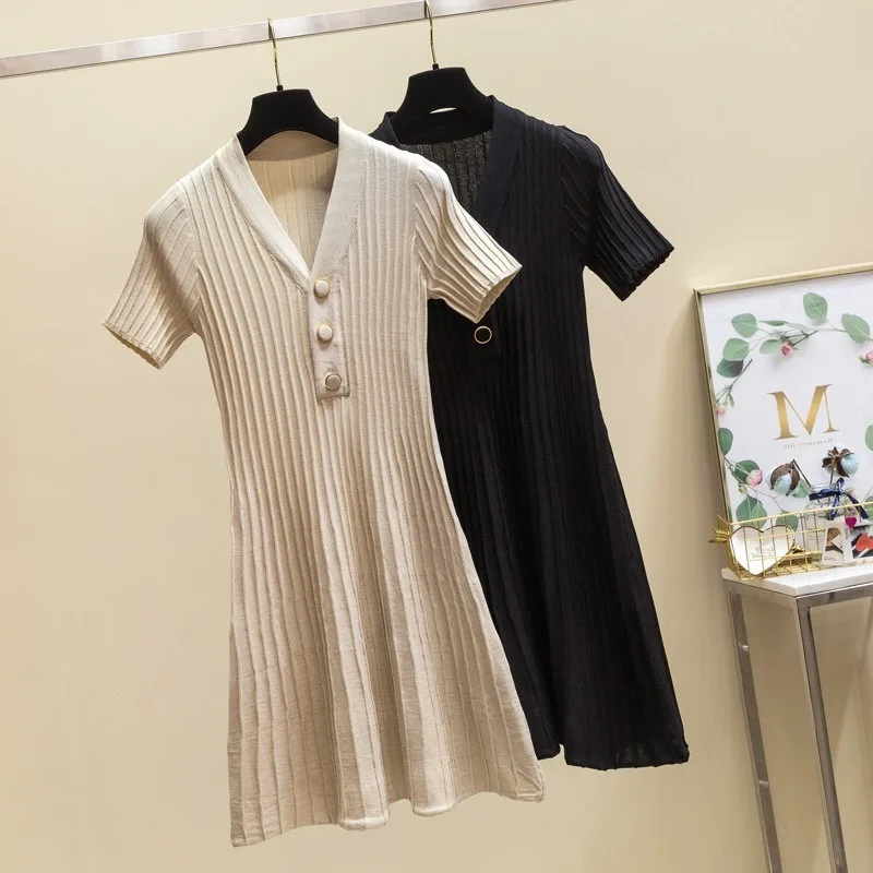 Women Sexy V-neck Buttons A-line Knitted Dress Short Sleeve Slim Dress Elastic Mini Elegant OL Dress Ladies Solid Vestidos Dress
Women Sexy V-neck Buttons A-line Knitted Dress Short Sleeve Slim Dress Elastic Mini Elegant OL Dress Ladies Solid Vestidos Dress