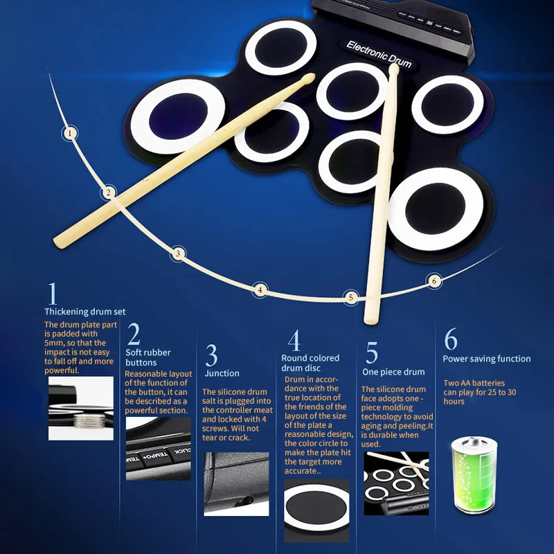 Electronic Roll-Up Silicon Drum Set Portable USB Digital Electronic Drum Kit with 2 sustain pedals for Beginners Drum Kit
Electronic Roll-Up Silicon Drum Set Portable USB Digital Electronic Drum Kit with 2 sustain pedals for Beginners Drum Kit