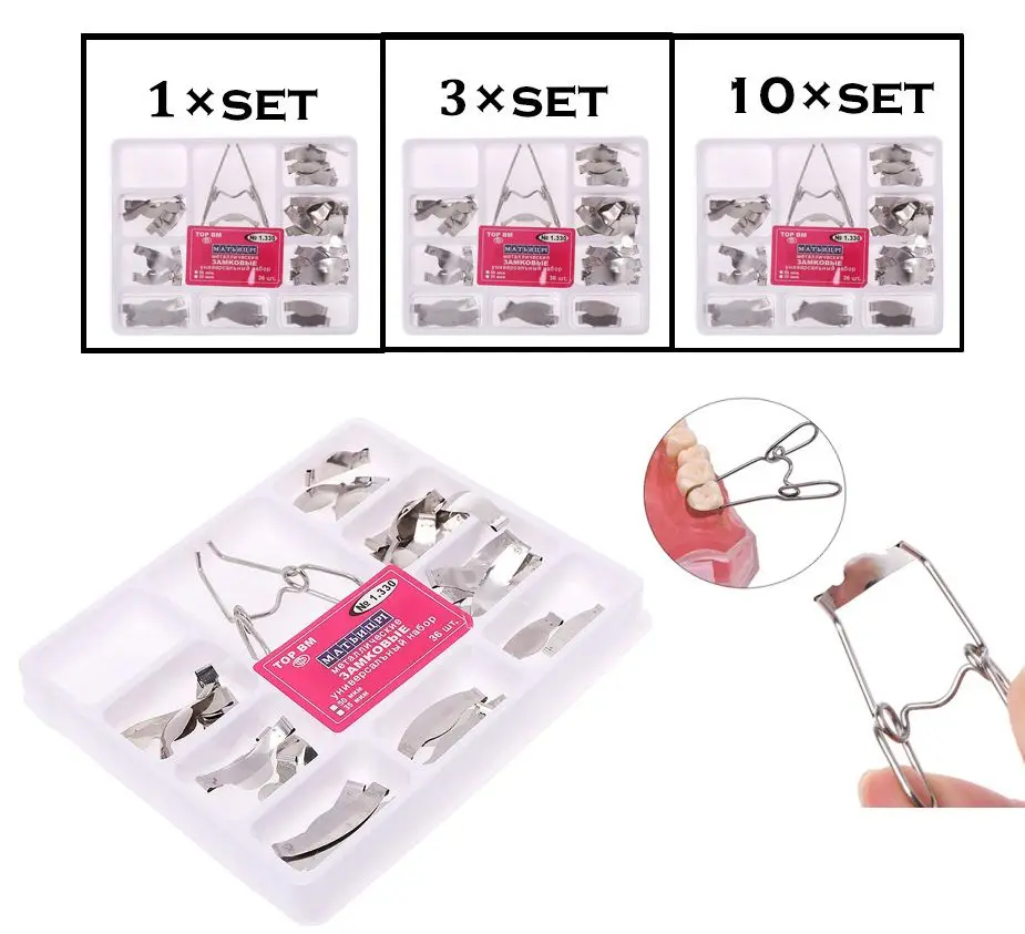 10set/3set/1set Dental Saddle Contoured Metal Matrices Matrix Universal Kit with Spring Clip No.1330
10set/3set/1set Dental Saddle Contoured Metal Matrices Matrix Universal Kit with Spring Clip No.1330