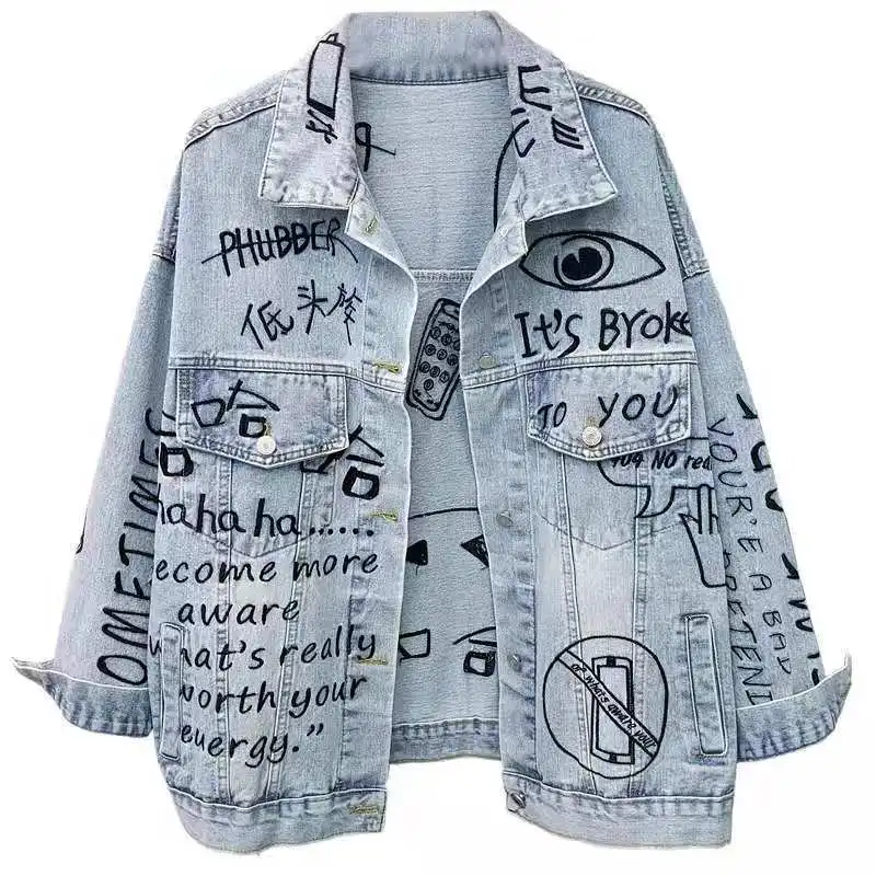 Jeans Coat Female Harajuku Jackets Jeans Jacket Women Streetwear Fashion Graffiti Embroidery Denim Jacket Pocket Lapel Loose
Jeans Coat Female Harajuku Jackets Jeans Jacket Women Streetwear Fashion Graffiti Embroidery Denim Jacket Pocket Lapel Loose