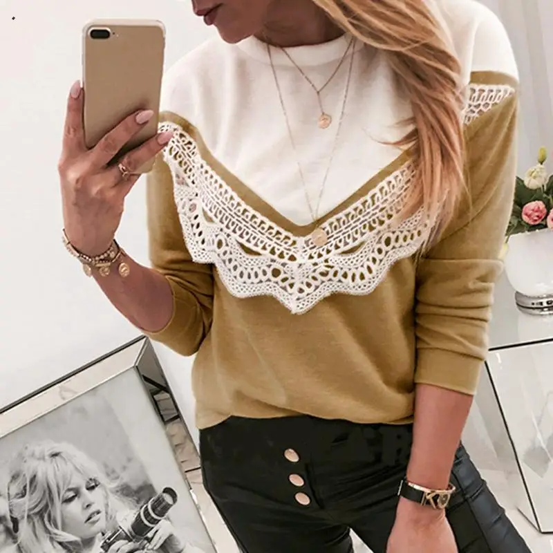 Fargeous женская мода пэчворк кружевная футболка для девушек осень зима длинный