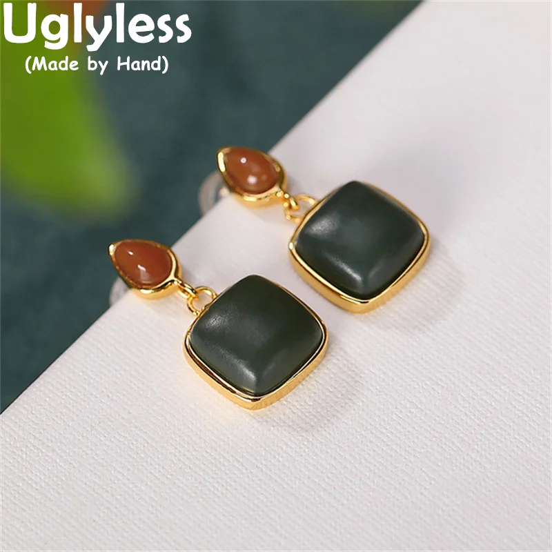 

Uglyless Minimalism Square Gemstones Earrings for Women Natural Jade Water Drop Agate Studs Earrings 925 Sterling Silver Brincos