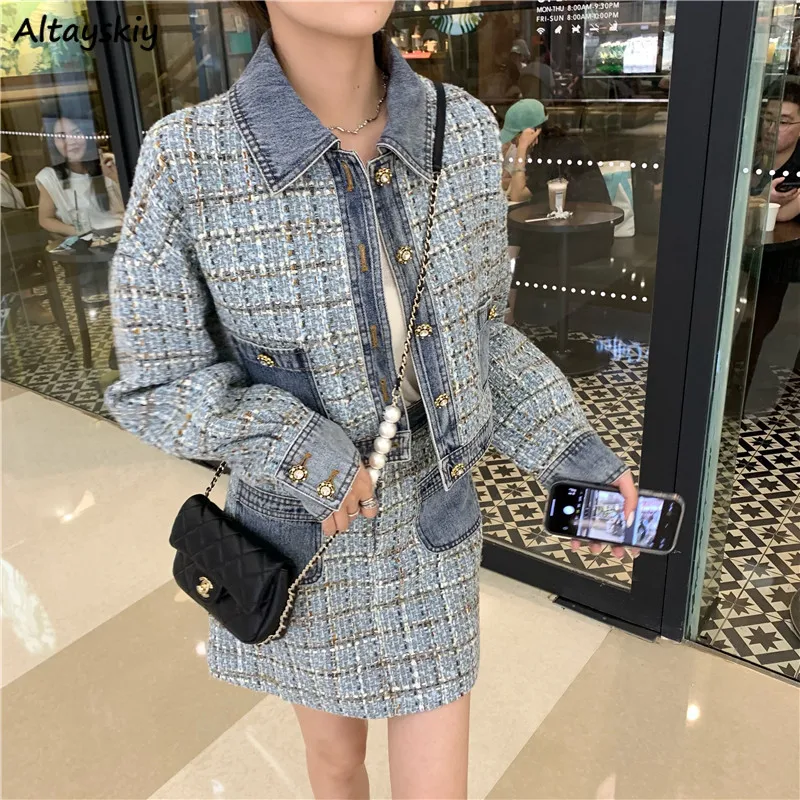Women Sets Denim Plaid Short Style Jacket Temperament Pearls Pockets French Slim A-line Mini Skirt Elegant Ladies Streetwear Ins
Women Sets Denim Plaid Short Style Jacket Temperament Pearls Pockets French Slim A-line Mini Skirt Elegant Ladies Streetwear Ins