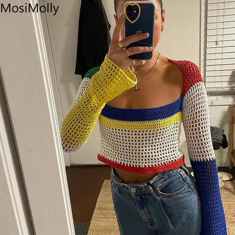 

Colorful Handmade Sweater Striped Sweater Pullovers Women Long Sleeve Cropped Color Block Jumper Knits Pullovers 2021 AW