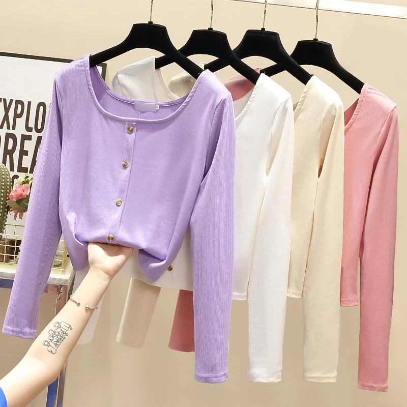 Autumn Square Collar knitted T-shirt Women Kawaii Cute Short Tees Solid Cotton Tee Shirt Femme Long Sleeve Slim Tshirts Female
Autumn Square Collar knitted T-shirt Women Kawaii Cute Short Tees Solid Cotton Tee Shirt Femme Long Sleeve Slim Tshirts Female