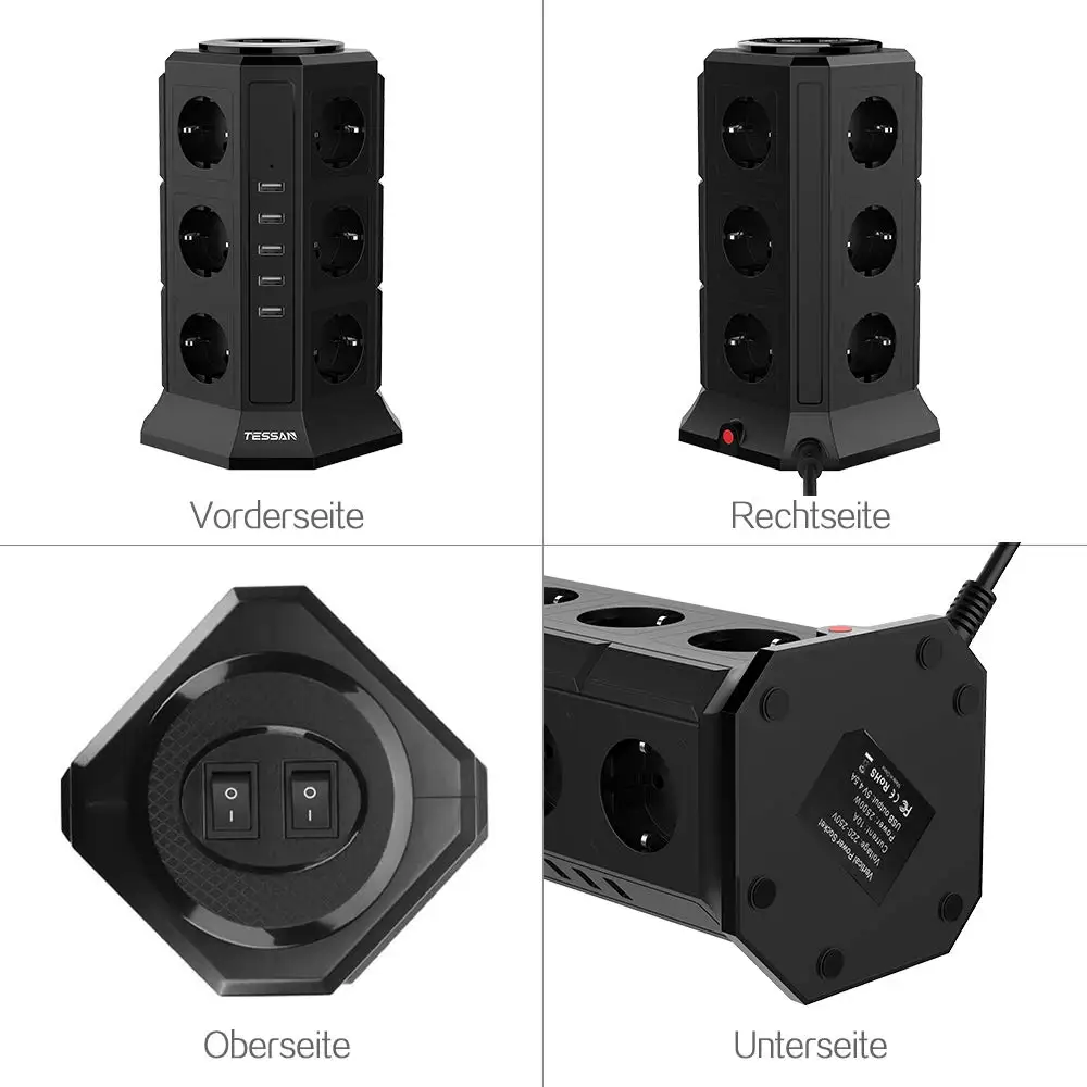 TESSAN 12-Way Socket Strip мульти розетка Power и 5 USB-портов зарядки с кабелем 2 0 м защитой от