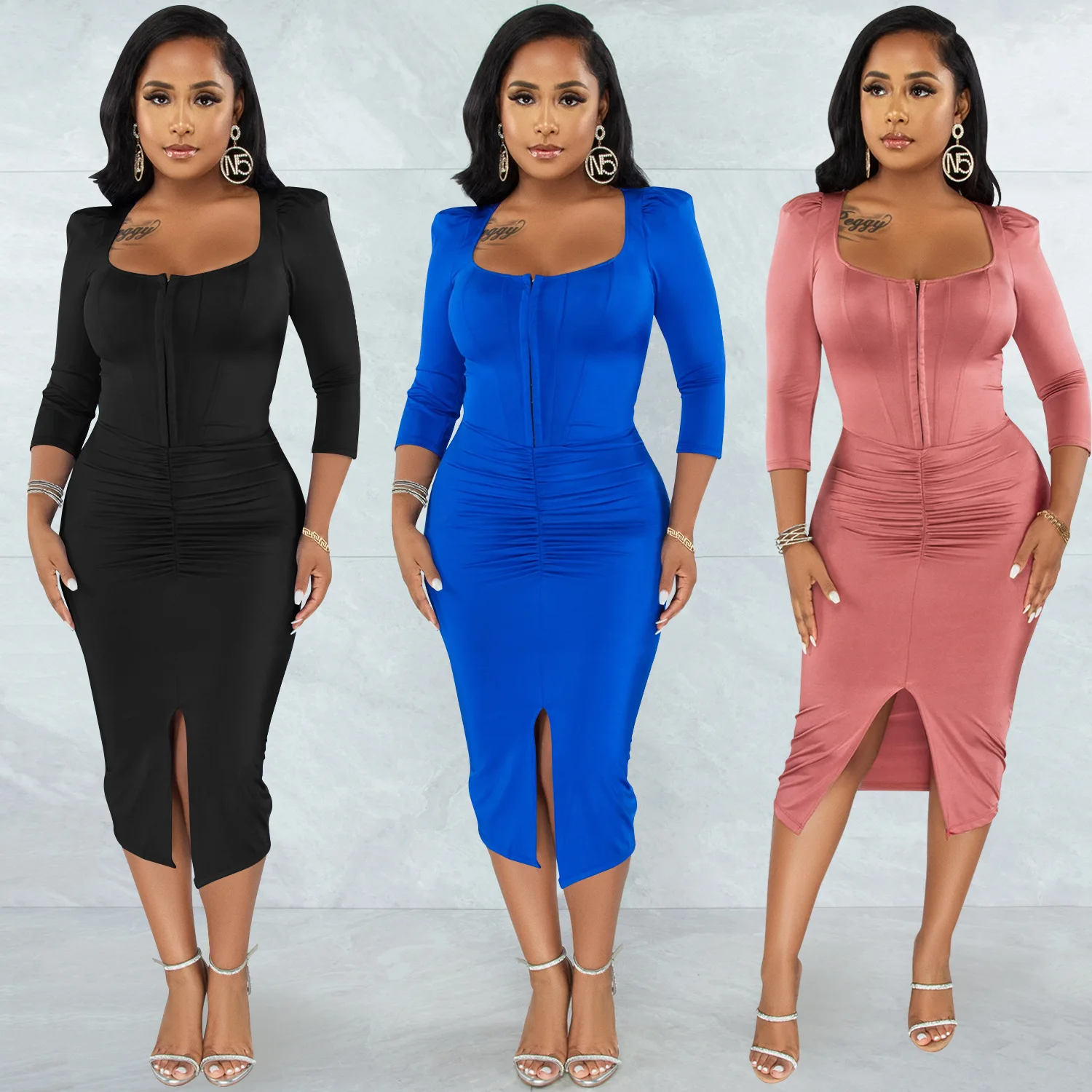 Women Long Sleeve Sexy Bodycon Midi Dress Autumn Winter Zipper Square Collar Ruched Slim Party Club Dress Vestidos
Women Long Sleeve Sexy Bodycon Midi Dress Autumn Winter Zipper Square Collar Ruched Slim Party Club Dress Vestidos