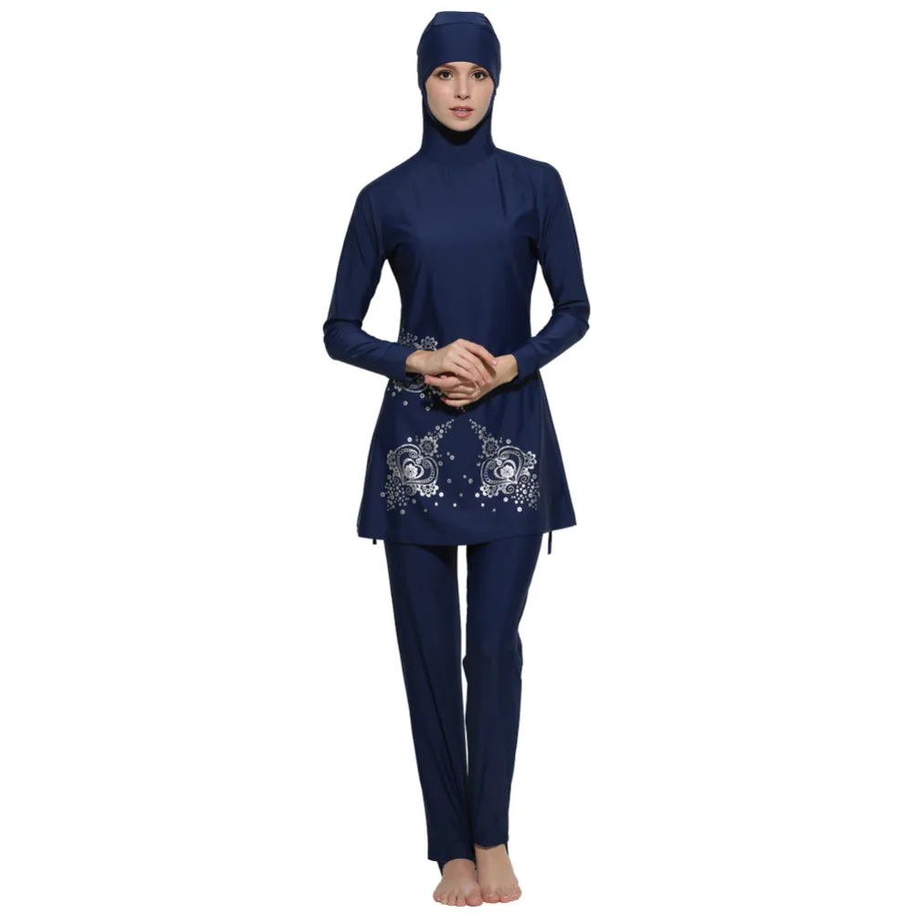 Women Large Size Printed Floral Full Cover Muslim Swimwear Women Islamic Conservative Swimsuit Hijab Beachwear Bathing Sui