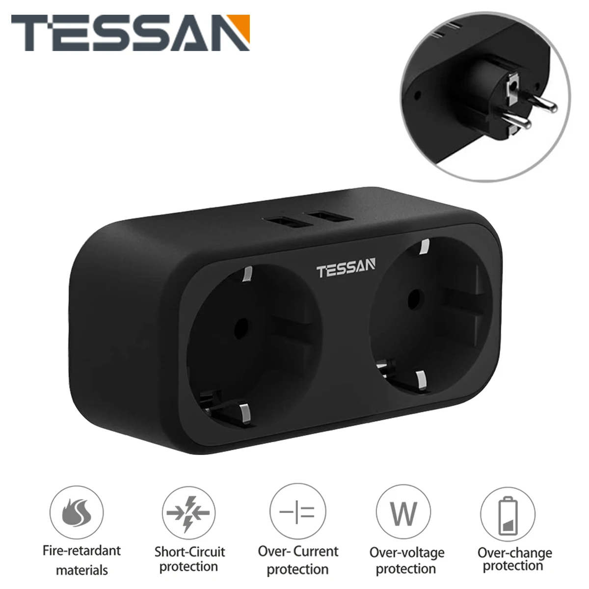 TESSAN Black Compact USB Adapter with DE/FR Plug, 4 in 1 Wall Socket with 2 AC Outlets and 2 USB Ports for Tablet, Phone, Camera
TESSAN Black Compact USB Adapter with DE/FR Plug, 4 in 1 Wall Socket with 2 AC Outlets and 2 USB Ports for Tablet, Phone, Camera