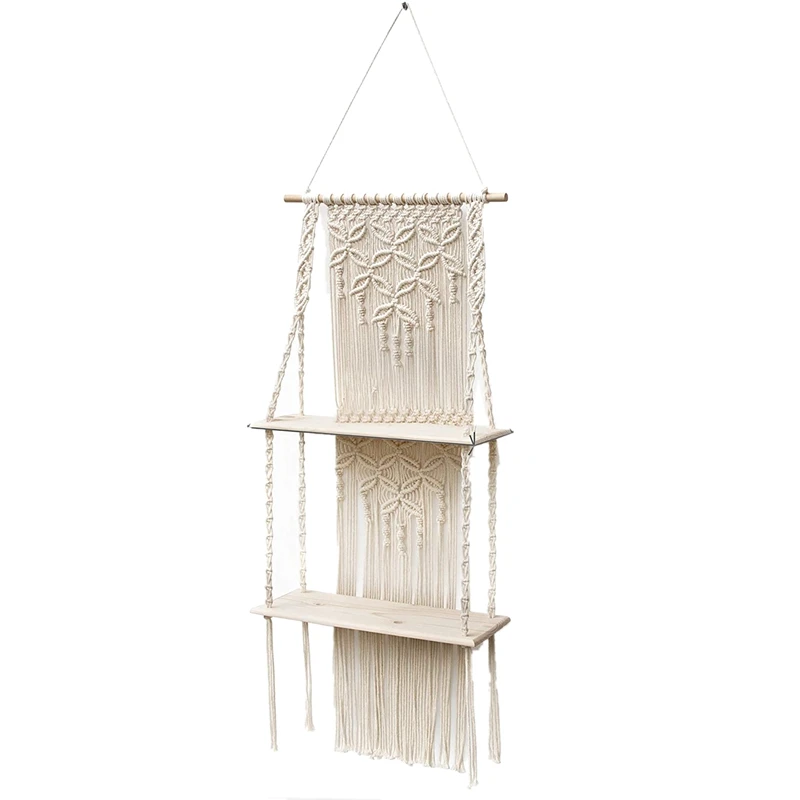 

Macrame Wall Hanging Handcraft Boho Floating Shelf 2 Tiers Woven Shelves for Bathroom Plants Picture Frame, Home Storage