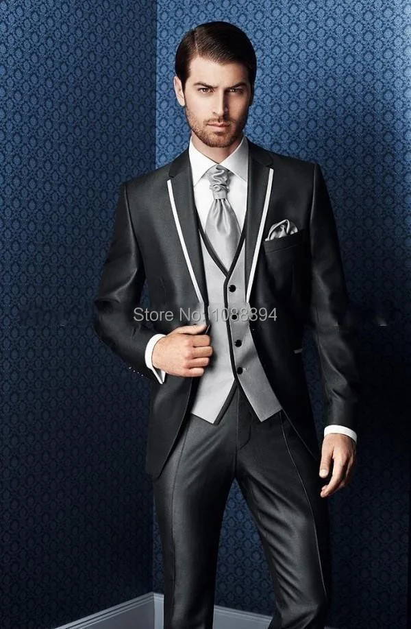 

Мужские деловые костюмы 3 предмета, Черные смокинги для жениха, мужские свадебные костюмы с одной пуговицей (пиджак + брюки + жилет + галстук)