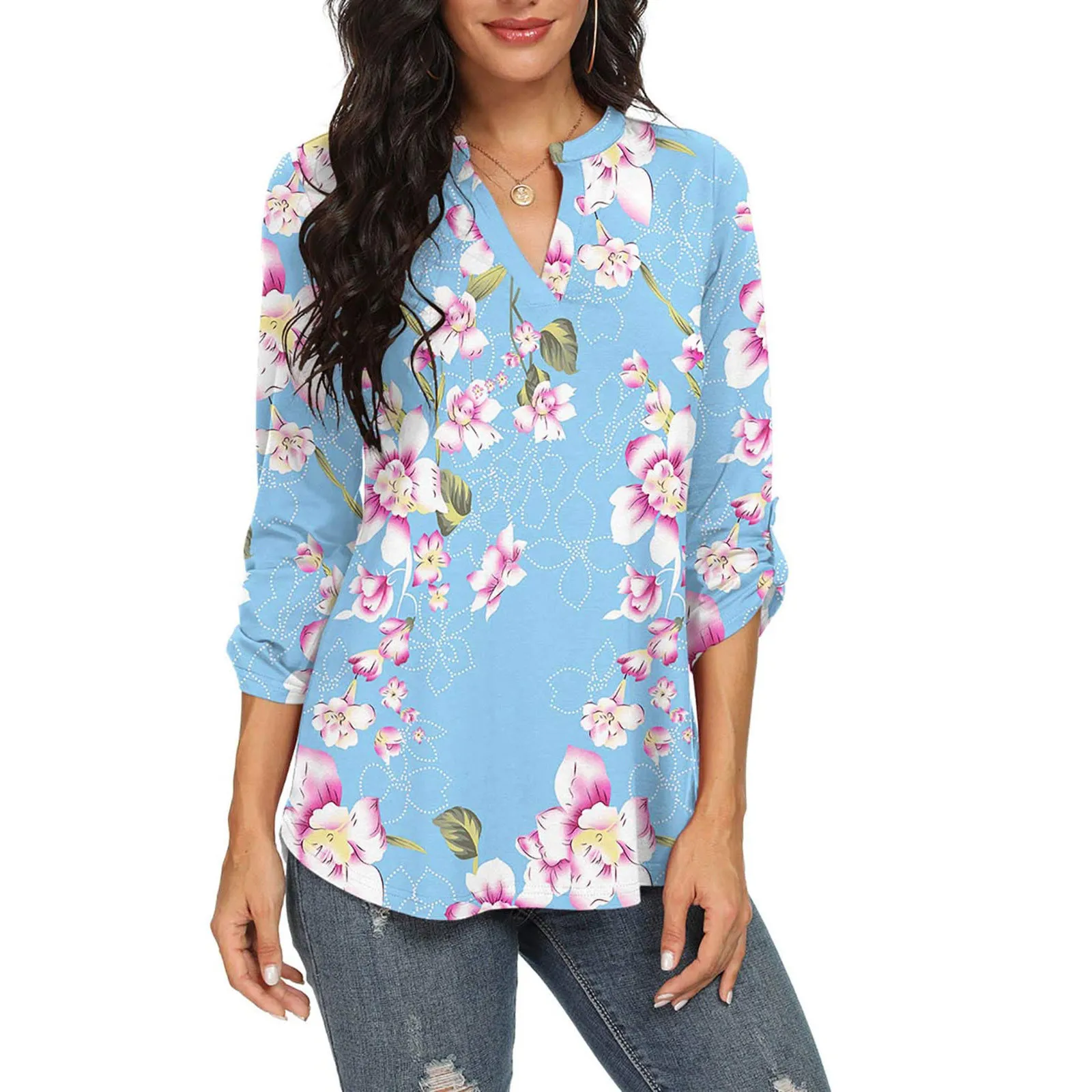 Women's Blouses Holiday Tops Print Plus Size Tops 3/4 Roll Sleeve Shirts V Neck Blouses Tunic Top Causal Loose Shirt Women 6#Q 
Women's Blouses Holiday Tops Print Plus Size Tops 3/4 Roll Sleeve Shirts V Neck Blouses Tunic Top Causal Loose Shirt Women 6#Q
